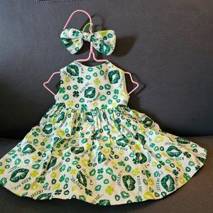 18" American Doll Girl Dress Green White Kiss Me Lips I'm Irish Bow Pink Hanger